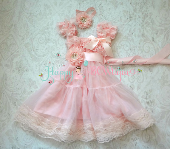 Mariage - Girl dress, Baby Pink Chiffon Lace Dress set, baby girls dress,1st Birthday dress, Pink Flowy dress,Flower girls dress,Princess Dress, Girls