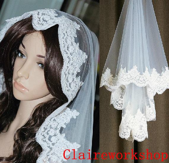 زفاف - White / ivory bride wedding veils flower lace wedding veil metal comb veils 100cm 150cm 200cm design or any length