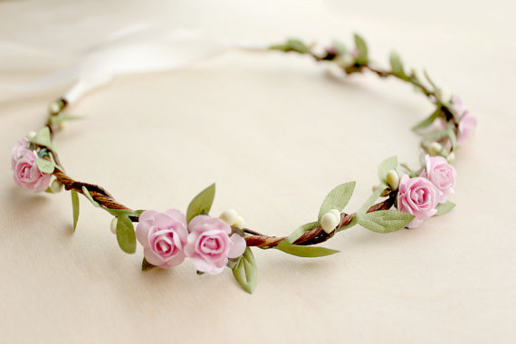 Wedding - Pink Rose Floral Crown Wedding, Bohemian Flower Crown. Woodland, Summer, Fall, pink floral crown, Flower Girl,  Bridal, Hair Accessories,