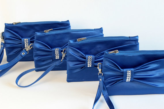 زفاف - Promotional sale   - SET OF  7 -Royal blue Bow wristelt clutch,bridesmaid gift ,wedding gift ,make up bag,zipper ,royal blue