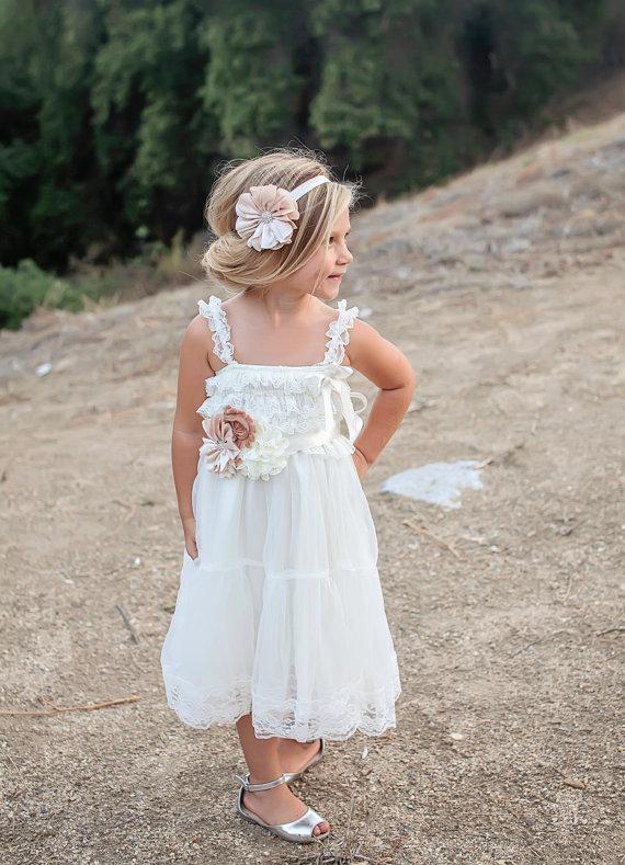 Hochzeit - Flower girl dress with headband and belt- Champagne, Ivory and toffee belt and Champagne flower headband with flowy lace dress