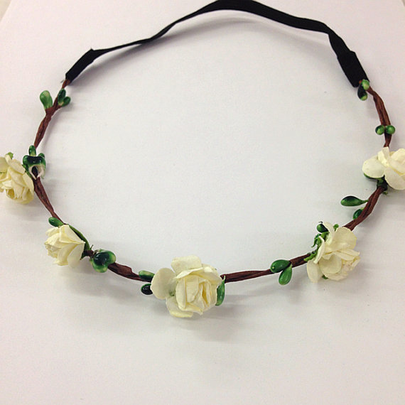Hochzeit - Mini ivory paper flower crown/headband for music festival /wedding accessory / stretch headband /halo/ / Coachella /hippie flower headband /