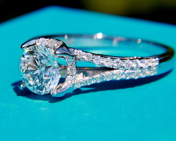 زفاف - PLATINUM - Diamond Engagement Ring Semi Mount Setting - .50 carat  Round - Split Shank-  Halo - Pave - Antique Style - Item# Bp001