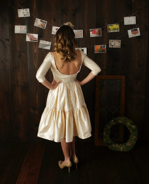 زفاف - Sweet as Cream Bride ~ Wedding Ensemble ~ backless silk wedding dress with sleeves ~ includes petticoat / pockets / full length optional