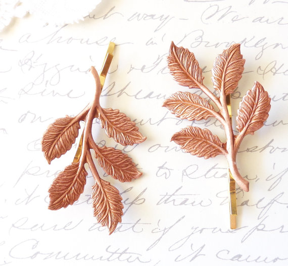 Hochzeit - Rose Gold Leaf Branch Bobby Pin Set - Leaf Spray Hair Pins - Woodland Collection - Whimsical - Nature - Bridal