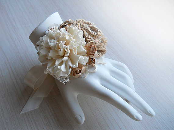 Hochzeit - Rustic Burlap & Sola Flower Wrist Corsage handmade for Rustic, Country, Woodland Style Weddings. Made to Order.