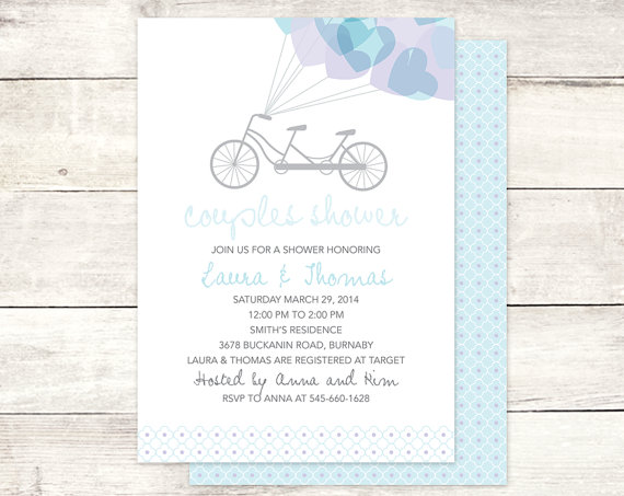 Mariage - couples shower invitation printable purple blue bridal shower wedding shower tandem bicycle hearts digital invite customizable personalized