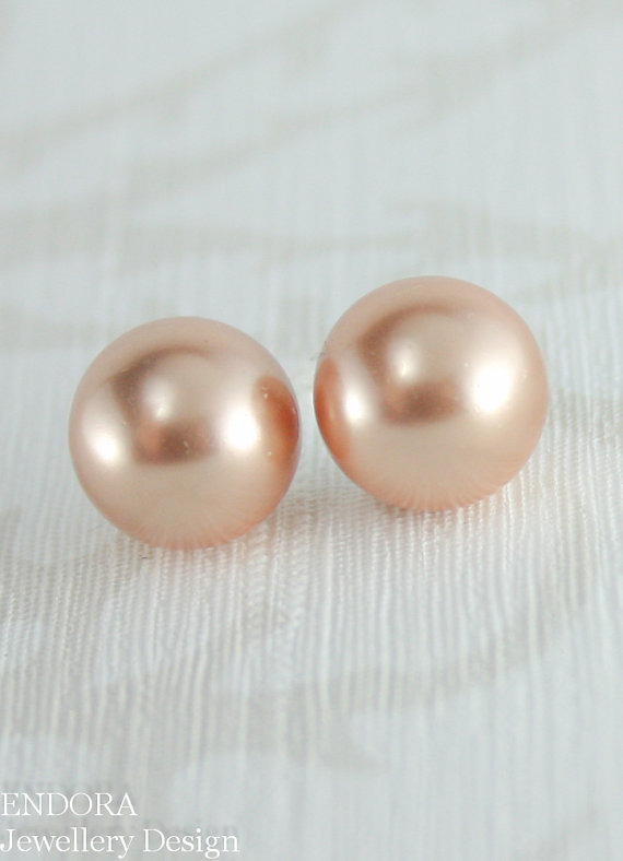 Mariage - Rose gold earrings, Pearl earrings, Swarovski earrings, Rose gold bridal earrings, Big pearl earrings,Pearl stud earring,10mm pearl earrings