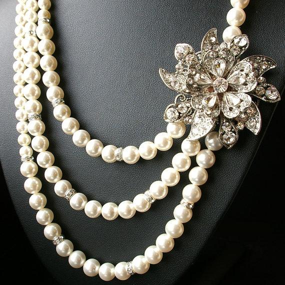 Hochzeit - Pearl Bridal Necklace, Statement Wedding Necklace, Antiqued Silver Wedding Jewelry, Rhinestone Bridal Jewelry, MIRABELLE
