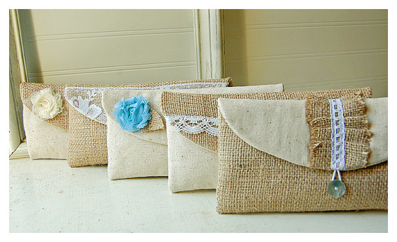 Свадьба - Set of 10 purse clutch burlap lace Bridesmaid cotton linen wedding rustic Personalize rose party gift MakeUp