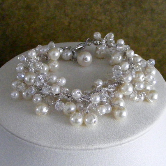 Hochzeit - Bridal Bracelet - pearl and crystal spray bracelet