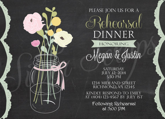Wedding - Chalkboard Vintage Mason Jar with Flowers - Custom Rehearsal Dinner, Bridal, Baby Shower, Engagement Party, Luncheon Invitation - 5 Designs