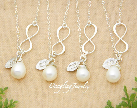 Wedding - Bridesmaid Gifts, SET of 4, Infinity Necklace, Pearl Necklace, Personalized Bridesmaid Jewelry, Wedding Party, Bridesmaid Necklace