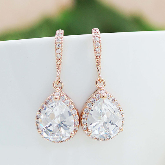 Hochzeit - Bridal Earrings Bridesmaid Gift Wedding Earrings Bridal Jewelry LUX Rose Gold clear white cubic zirconia Crystal tear drop Wedding Earrings