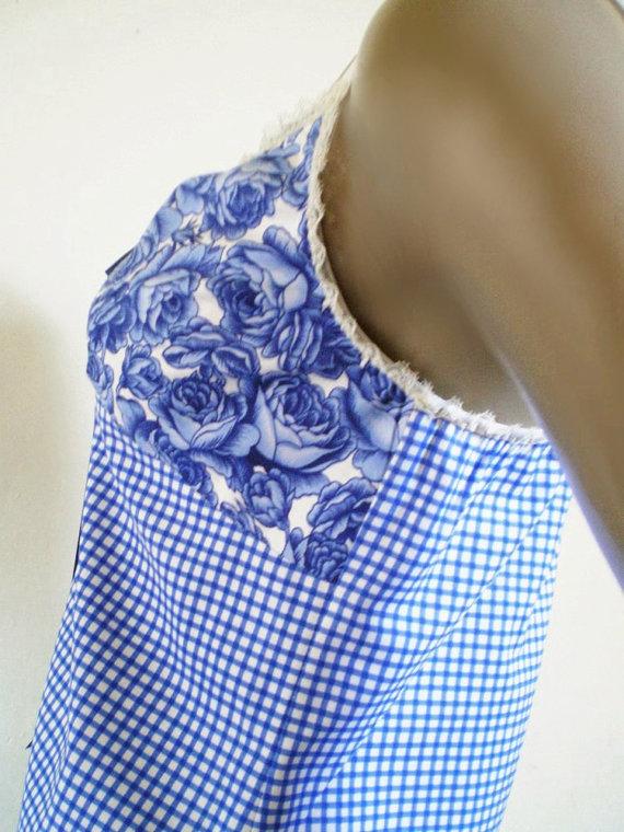 Wedding - Handmade Camisole Blue And White Rose And Check Cotton Classic Elegant Romantic Lingerie Or Sleep Top Bust 34 Inch/ 86cm