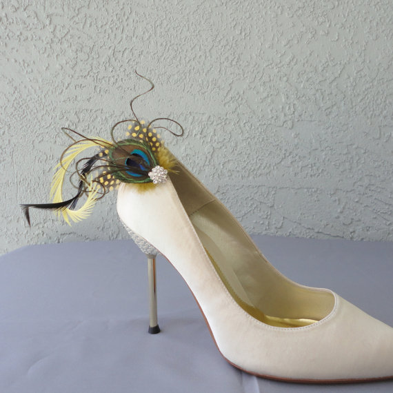 Hochzeit - Wedding Bridal Party Peacock  And Yellow Dyed Guinea Feather Shoe Clips Set Of Two 8 Rhinestones Center To Choose From