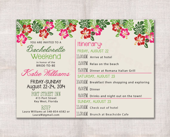 Mariage - Bachelorette Party Weekend invitation and itinerary custom printable 5x7