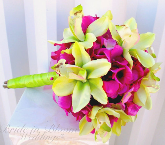 Hochzeit - Bridesmaid Bouquet Wedding bouquet hot pink hydrangea lime green orchids