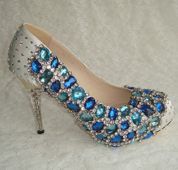 زفاف - High end sewed crystal Rhinestone wedding bridal shoes , party prom shoes , blue crystal pump , something blue for wedding