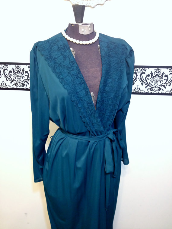 زفاف - 1950's Lorraine Pin Up Peignoir in Teal Green , Size Large , Vintage 50's Dressing Gown / Robe, Pin Up / Mad Men Bridal Lingerie, Honeymoon