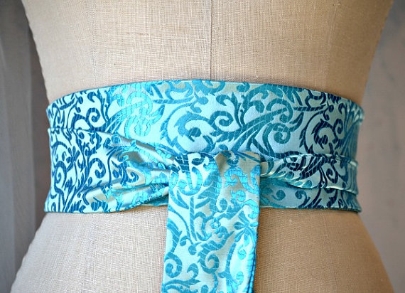زفاف - Aqua satin obi sash belt asian brocade turquoise waist cincher Ocean wedding engagement party