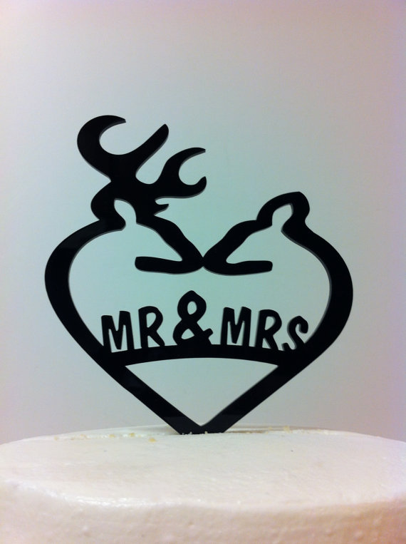 زفاف - Acrylic, Rustic, Country Heart Mr & Mrs Doe and Buck Deer Wedding Cake Topper.