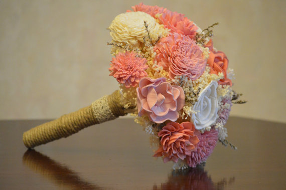 Свадьба - Medium Wedding Bouquet Ivory, Pink and Coral Sola Flowers and dried Flowers Toss Flower Girl Bridesmaids