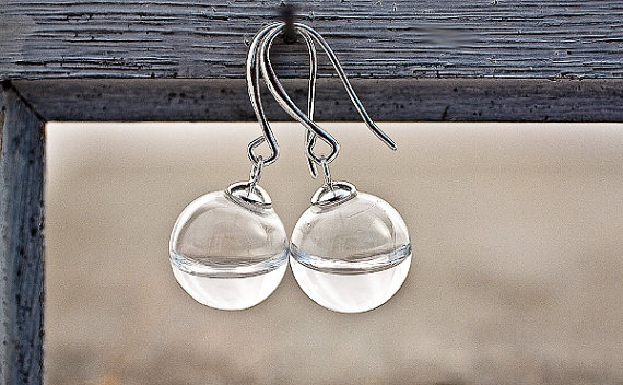 زفاف - Elixir of life-Real WATER filled in delicate glass orbs STERLING silver earrings. Elegant jewelry for her.