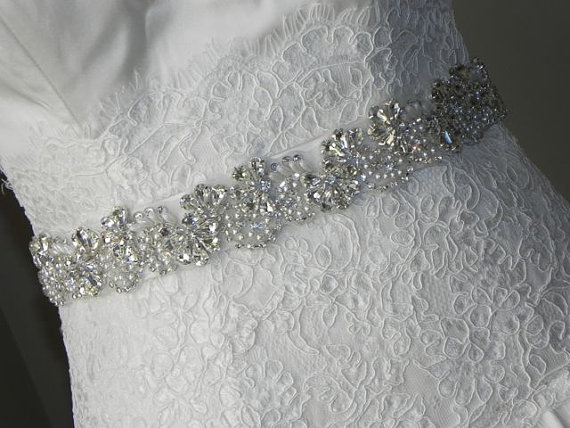 Hochzeit - Asymmetrical Rhinestone and Pearl Bridal Sash - Wedding Dress Belt