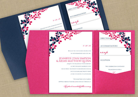 Hochzeit - DiY Pocket Wedding Invitation Template Set - Instant DOWNLOAD - EDITABLE TEXT - Exquisite Vines (Navy & Hot Pink)  - Microsoft® Word Format