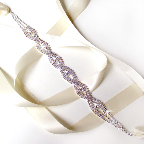 Hochzeit - Infinity Rhinestone Bridal Belt Sash - White Ivory Silver Satin Ribbon - Rhinestone Crystal - Wedding Dress Belt - Extra Long