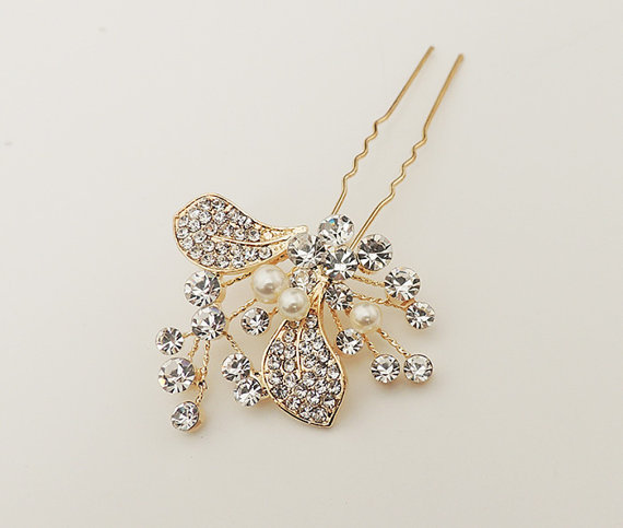 زفاف - Gold flower and pearls wedding hair pin, crystal and pearls gold flower bridal hair accessory, wedding hair accessory