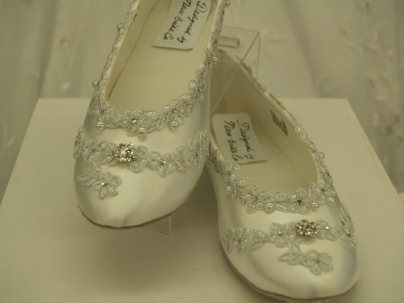 زفاف - Wedding Flats White Shoes Silver Venice lace edging with crystals