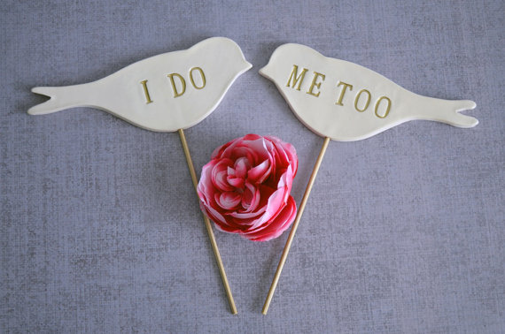 Mariage - I Do Me Too - Bird Wedding Cake Toppers - Gold, Silver or Black
