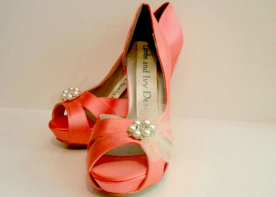 Wedding - Coral Silk Heels, Guava Silk Wedding Heels, Four Inch Heels, Bridal Shoes. Silk Bridal Heels