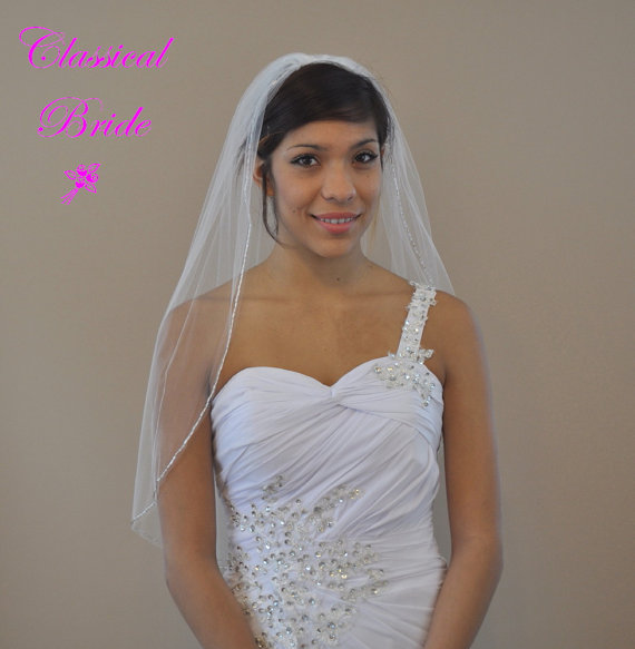 Hochzeit - PRINCESS  --  Silver Bugle Bead 1 Tier 30 Inch Elbow Veil in White, Diamond White, or Ivory Tulle, custom handmade bridal wedding veil