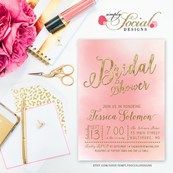 Свадьба - Glam Gold Foil and Blush Pink Watercolor Bridal Shower Invitation Printable