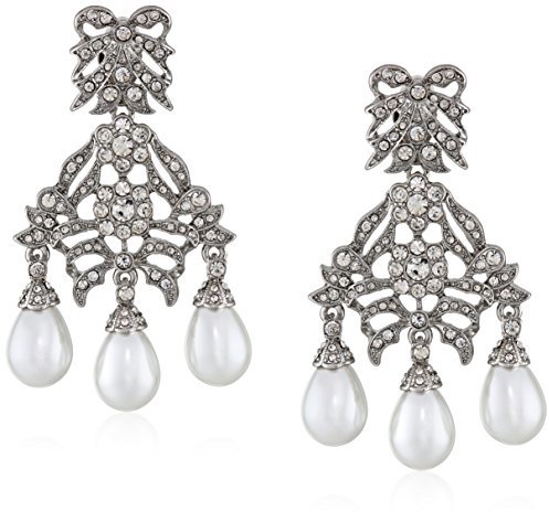 زفاف - Kenneth Jay Lane Bride Simulated White Pearl Crystal Bow Chandelier Dangle Clip-On Earrings