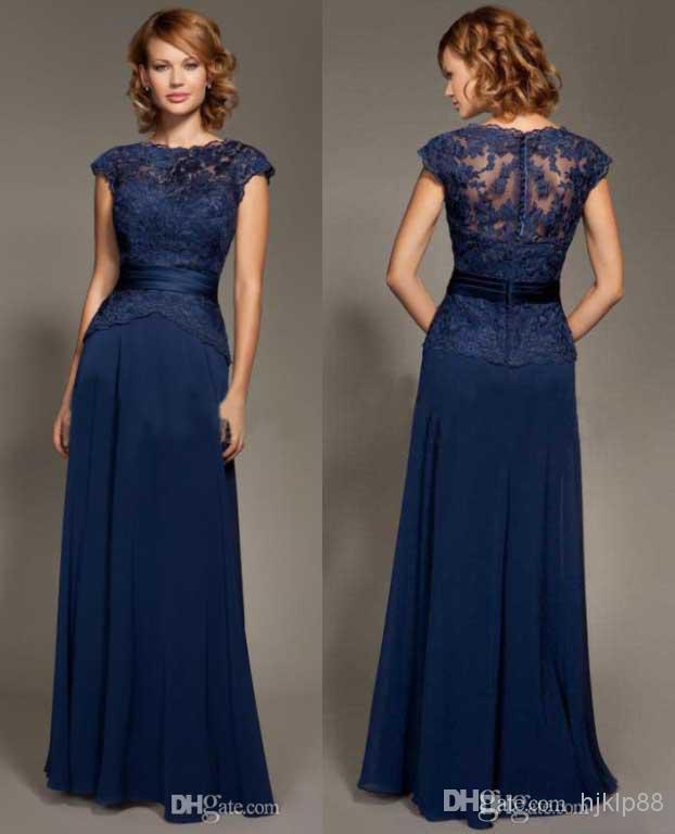 Свадьба - 2014 Dark Blue Scoop Neckline Lace Chiffon Cap Sleeves Mother Of The Bride Dresses Floor-Length Mommy Dresses Online with $90.08/Piece on Hjklp88's Store 