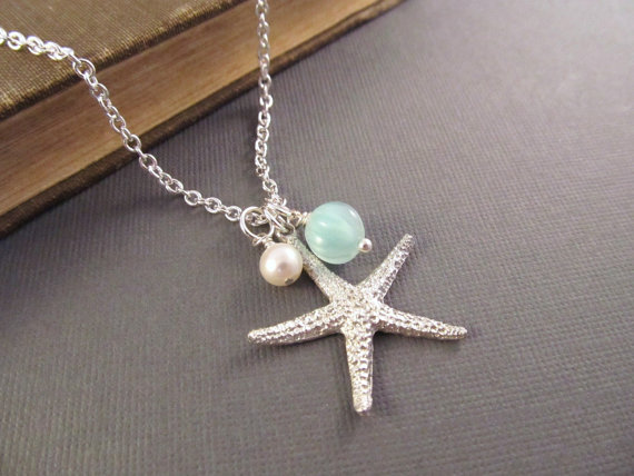 Hochzeit - Starfish Necklace, Silver Sea Star with Pearl and Seafoam Dangle, Sea Star Jewelry, Beach Wedding, Bridesmaid Gift, Summer Jewelry