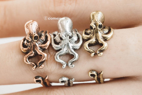 Mariage - Octopus ring,burnish ring,sea animal,adjustable rings,cute rings,vintage,gift idea,couple rings,men rings,unique ring,bridesmaid gift,skd590