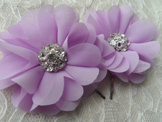 Hochzeit - Lavender Chiffon Hair Flowers /Bridal Hair Clips /Hair Clips Rhinestone Center / Wedding Accessories / Bridesmaids / Shoe Clips/ Set of Two.