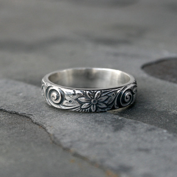 زفاف - Flower Spiral Sterling Silver Ring Band, Etched Patterned Stacking Ring, Floral Swirl Pattern, Wedding, Engagement, Promise