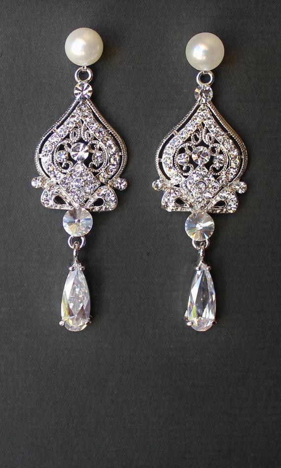 زفاف - Bridal Chandelier Earrings with Pearl Stud Post, Bridal Jewelry, Wedding Jewelry