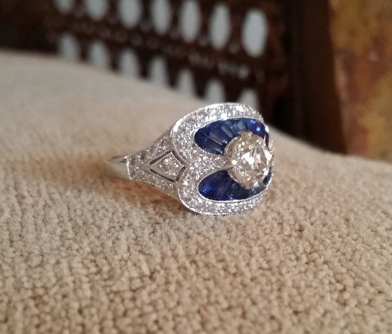 Wedding - Antique Old European Estate Diamond .88 Carat Center Diamond Engagement Ring Sapphire Ballerina Art Deco Blue White18K Gold Size 6.5