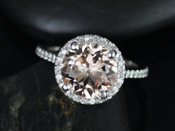 Hochzeit - Kubian 9mm 14kt White Gold Round Morganite and Diamonds Halo Engagement Ring (Other metals and stone options available)