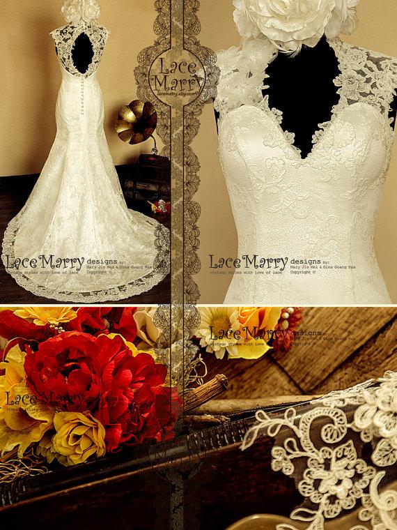 زفاف - Lace Wedding Dress Features Illusion Deep V-Cut Neckline and Key Hole Open Back with Scalloped Edges