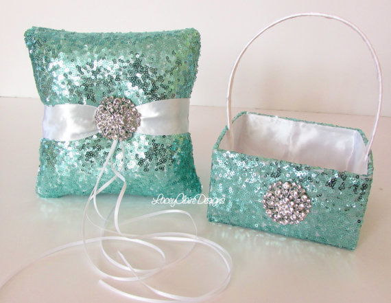 Hochzeit - Sequin Flower Girl Basket and Wedding Ring Pillow Set - Custom Made