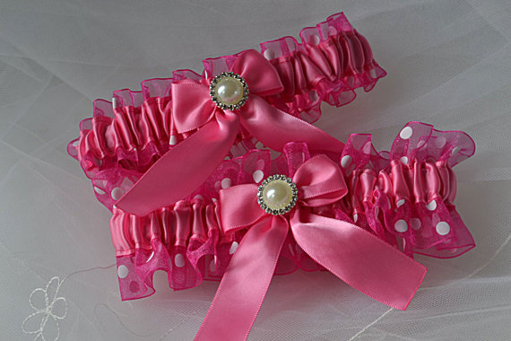 Свадьба - Bridal Garter Wedding Garter Set Hot Pink and Fuchsia Polka Dotted Sheer Organza