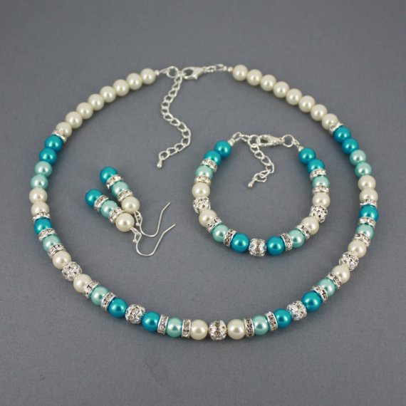 Свадьба - Turquoise and Aqua Necklace Bracelet and Earrings Set, Turquoise Necklace, Turquoise Bracelet, Bridesmaids Gift, Summer Wedding, Jewelry